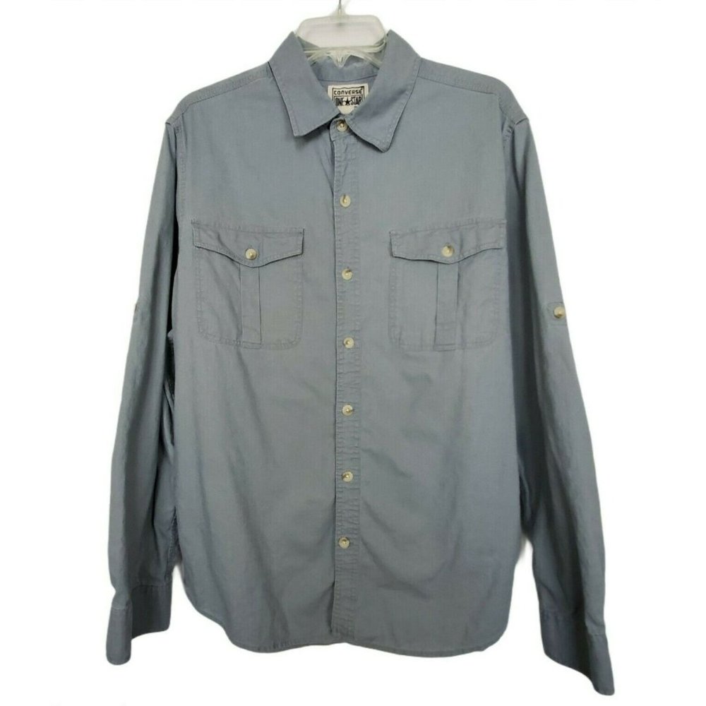 Converse One Star Men button down shirt sz L front button pockets linen blend